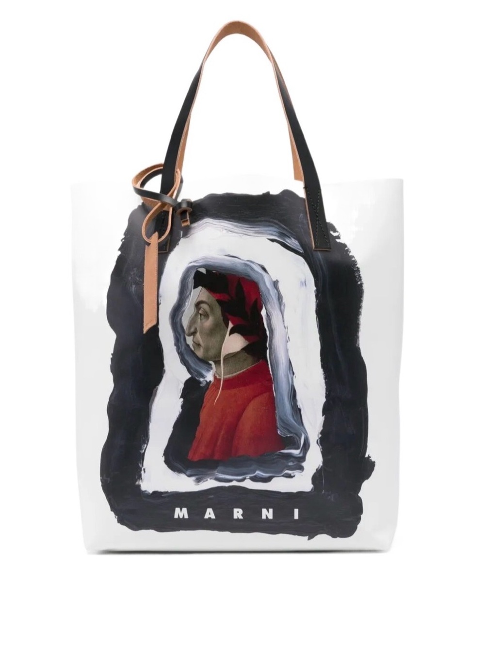 Marni White Printed Leather Tote with Brown Handles and Multicolor Portrait